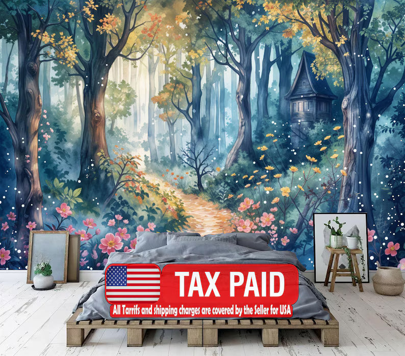 Enchanted Forest Wallpaper Mural, Whimsical Watercolor Art
