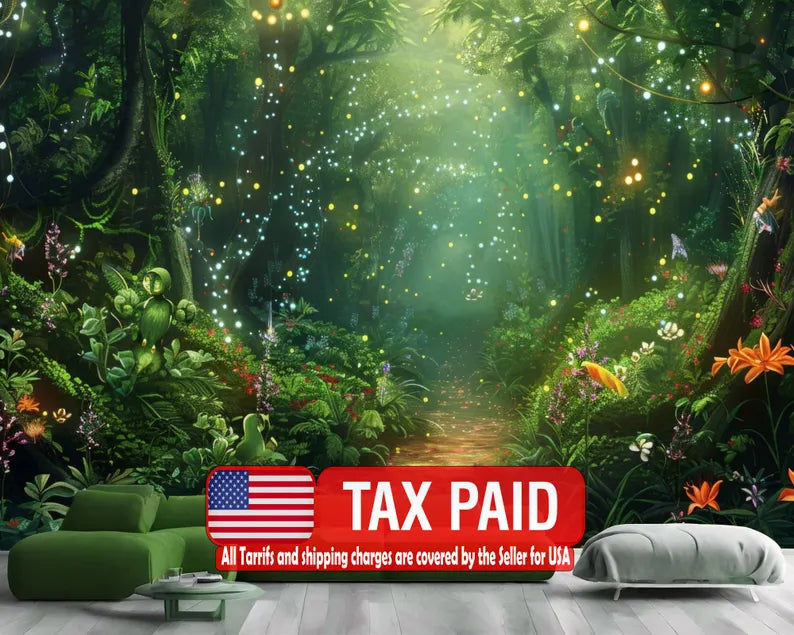 Enchanted Forest Wallpaper Mural, Fireflies Art Print