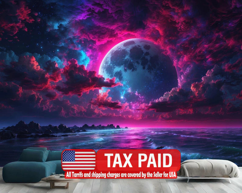 Neon Moon Wall Mural: Glowing Midnight Light Art Print