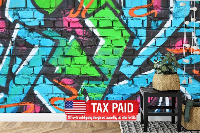 Graffiti Brick Wall Mural, Colorful Urban Art Wallpaper