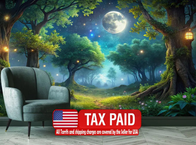 Moonlit Forest Wallpaper Mural, Firefly Twinkling Lights