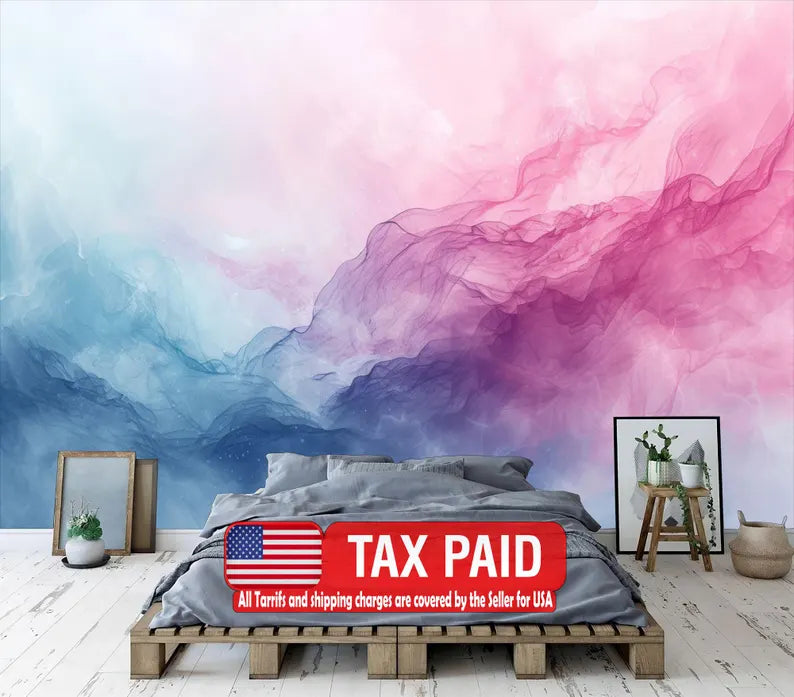 Watercolor Abstract Wall Mural, Pink Purple Sky Gift