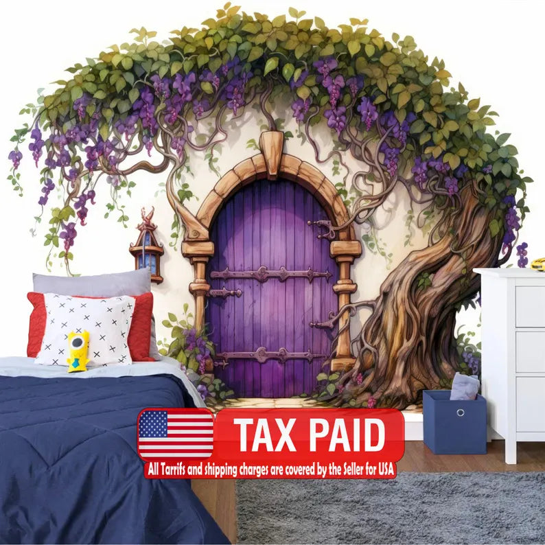 Purple Fairy Door Wall Mural, Flowers Girls Room Decor