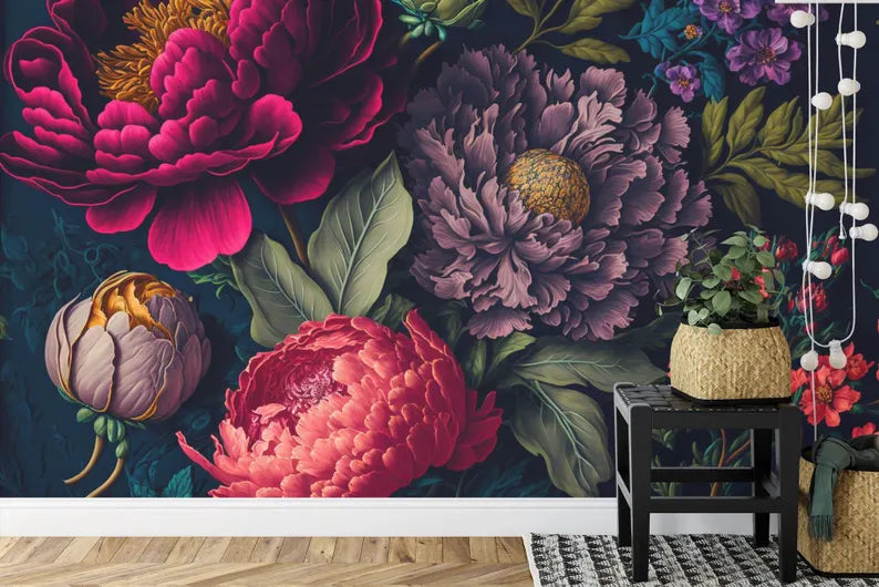Baroque Peony Flower Wallpaper Mural, Rich Deep Colors