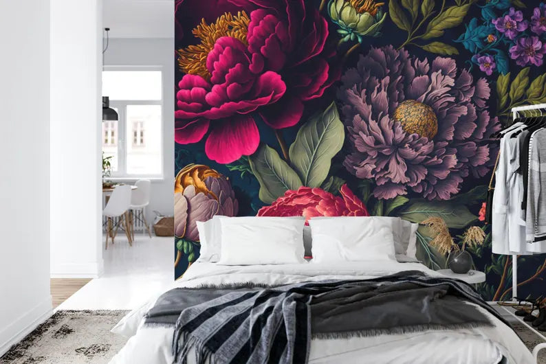 Baroque Peony Flower Wallpaper Mural, Rich Deep Colors