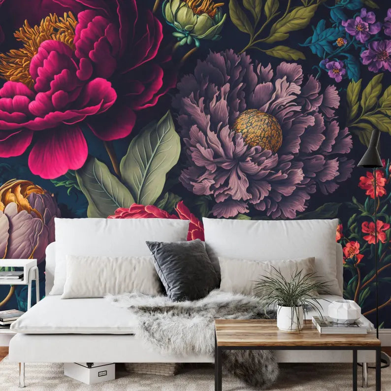 Baroque Peony Flower Wallpaper Mural, Rich Deep Colors