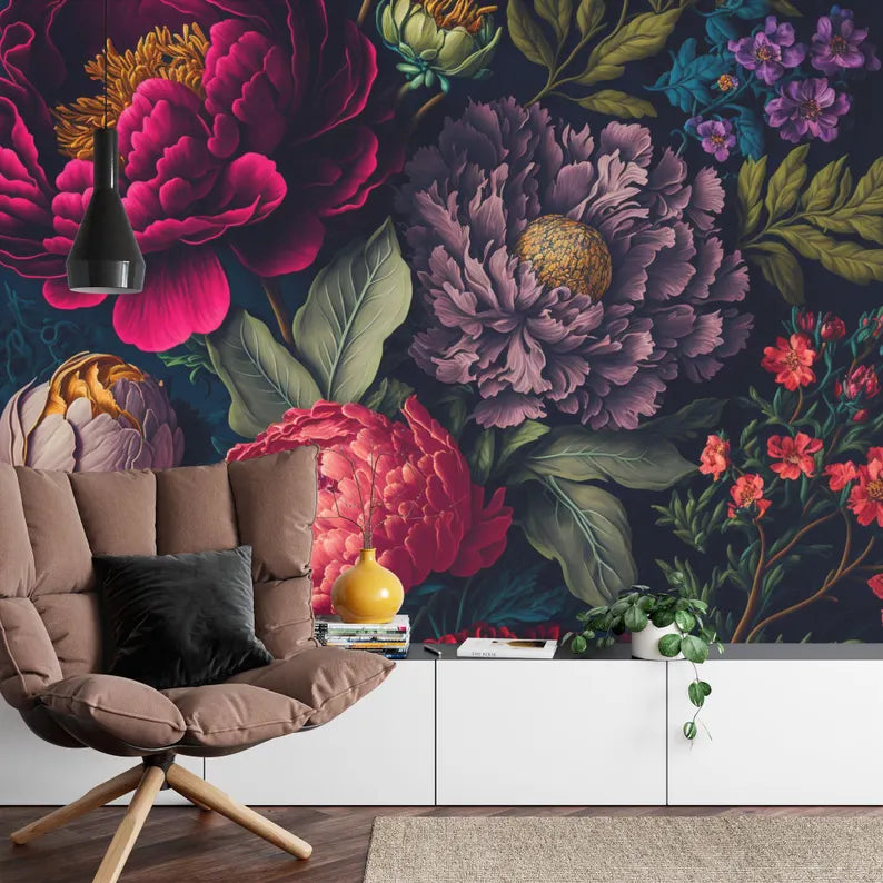 Baroque Peony Flower Wallpaper Mural, Rich Deep Colors