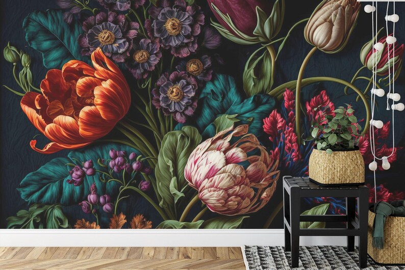 Wallpaper, Peony Flower Wall Mural, Rich Deep Colors