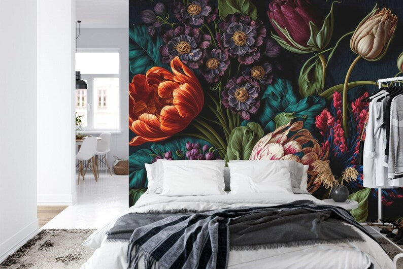 Wallpaper, Peony Flower Wall Mural, Rich Deep Colors