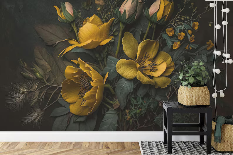 Baroque Peonies Wallpaper Mural, Rich Deep Colors