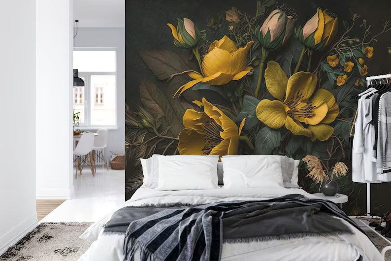 Baroque Peonies Wallpaper Mural, Rich Deep Colors
