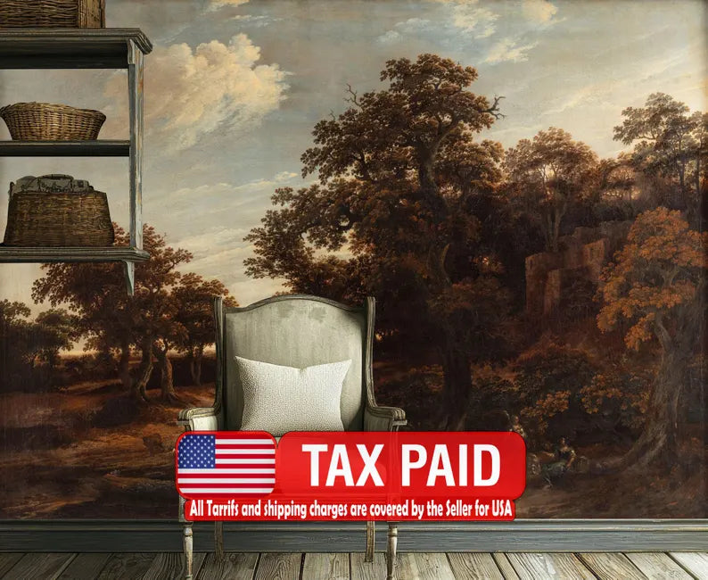 Vintage Oak Forest Painting, Rural Landscape Wallpaper Mural