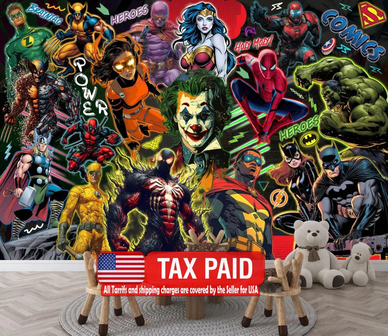 Superhero Comic Book Wallpaper Mural, Kids Room Decor