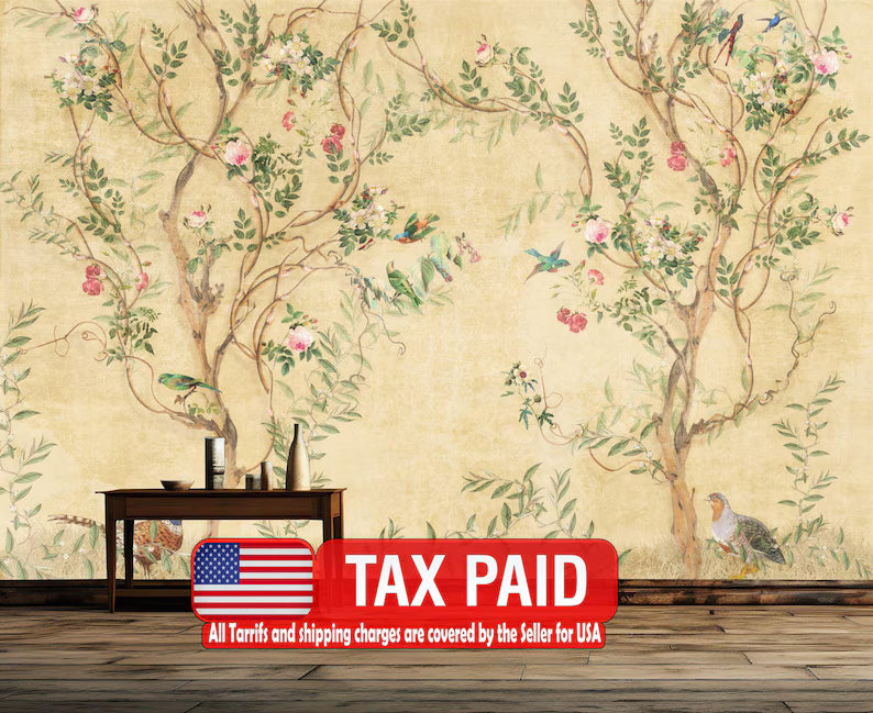 Chinoiserie Wallpaper Mural: Spring Flowers, Crane, Birds