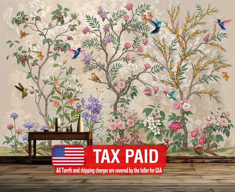 Chinoiserie Crane Wallpaper Mural, Spring Flowers Art Print wallpaper mural showing the full design clearly for modern inter