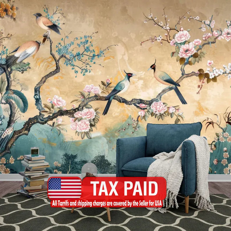 Vintage Chinoiserie Birds and Flowers Wallpaper Mural