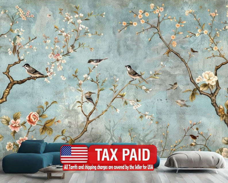 Vintage Chinoiserie Birds and Flowers Wallpaper Mural