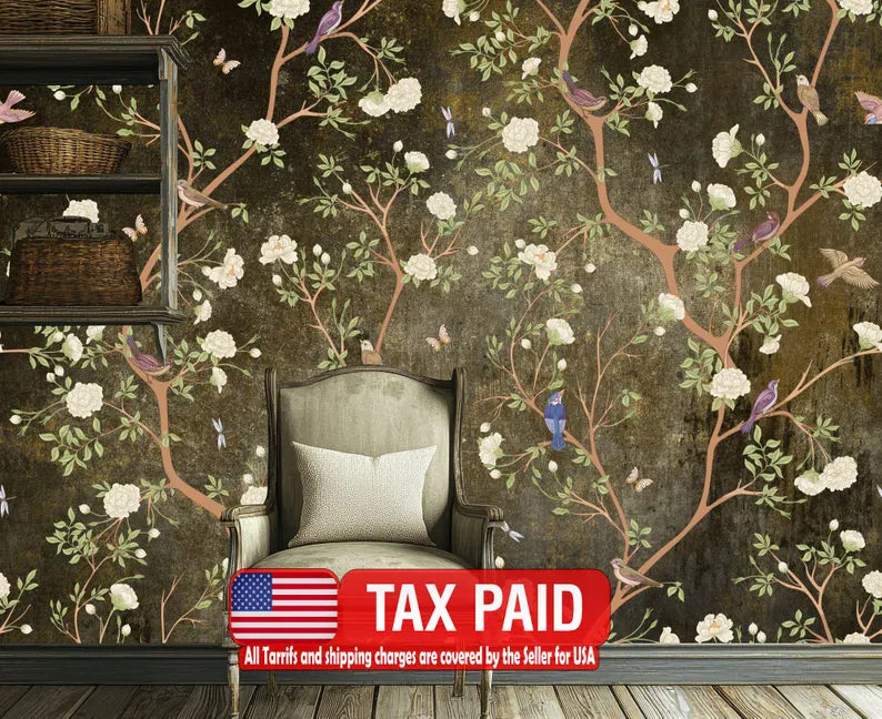 Chinoiserie wallpaper featuring vintage-style flowers and birds on a soft background