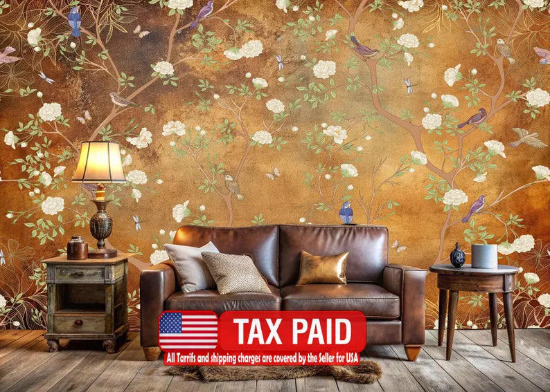 Vintage Chinoiserie Floral Wallpaper Mural - Birds & Flowers