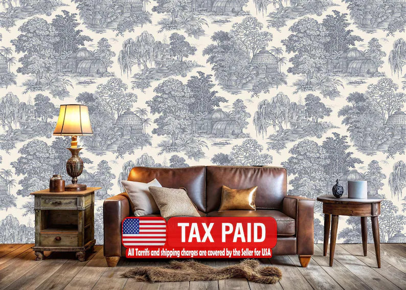 Vintage Chinoiserie village wallpaper mural featuring traditional Asian landscape with pagodas and mountains in soft neutral tones
