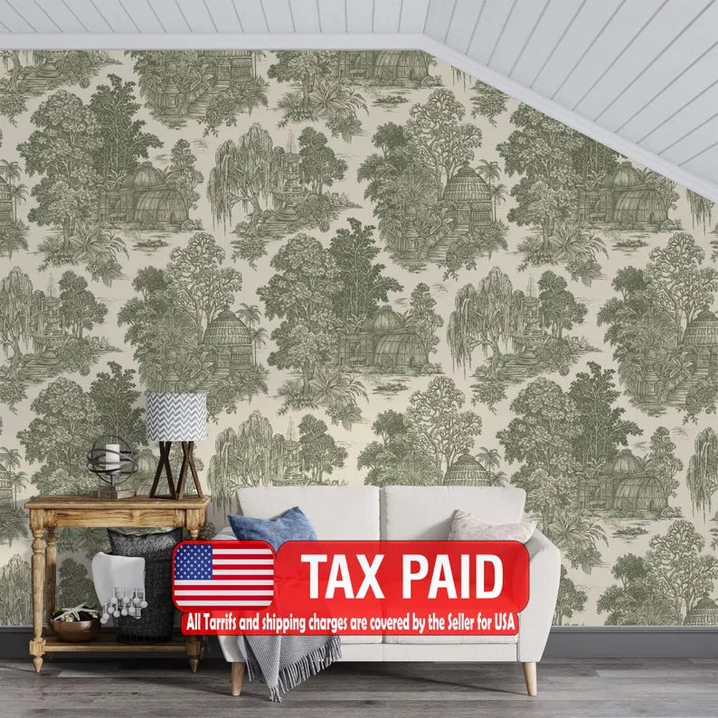 Vintage chinoiserie wallpaper mural featuring traditional Asian village scene with trees and pagodas in muted tones
