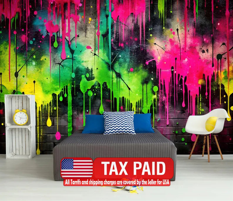 Colorful Graffiti Splatter Wallpaper Mural, Easy-Install