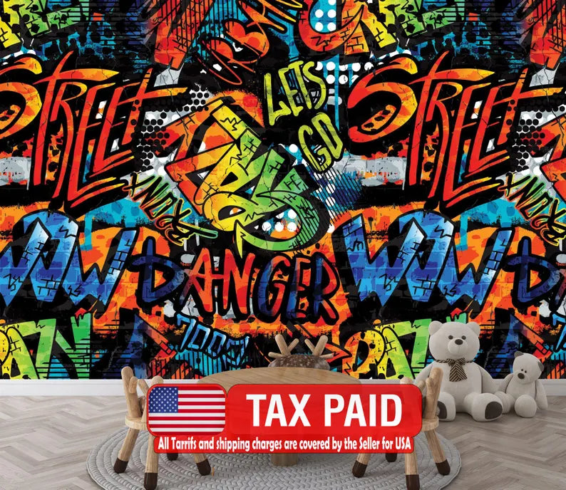 Colorful Graffiti Street Wallpaper Mural, Teen Room Decor