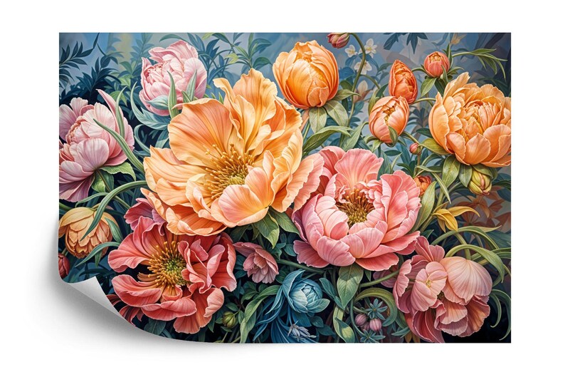 Romantic peonies wall mural with full blooms and botanical greenery
