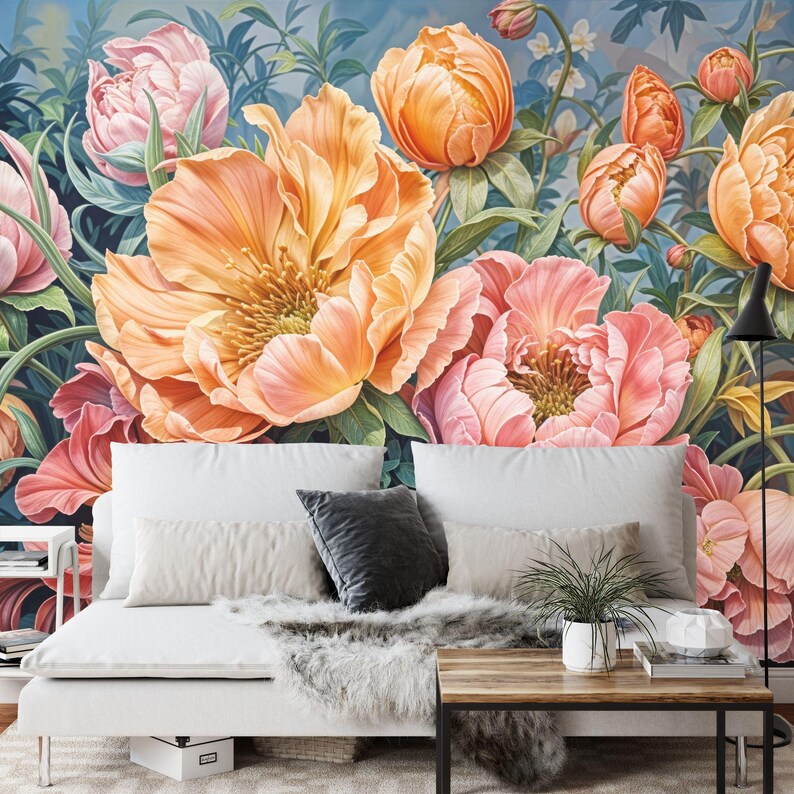 Watercolor-style peonies wall decal in soft pink tones with green leaves
