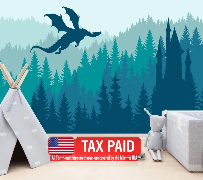 Green forest dragon castle nursery wallpaper with whimsical trees and fairy tale castle design for children's room
