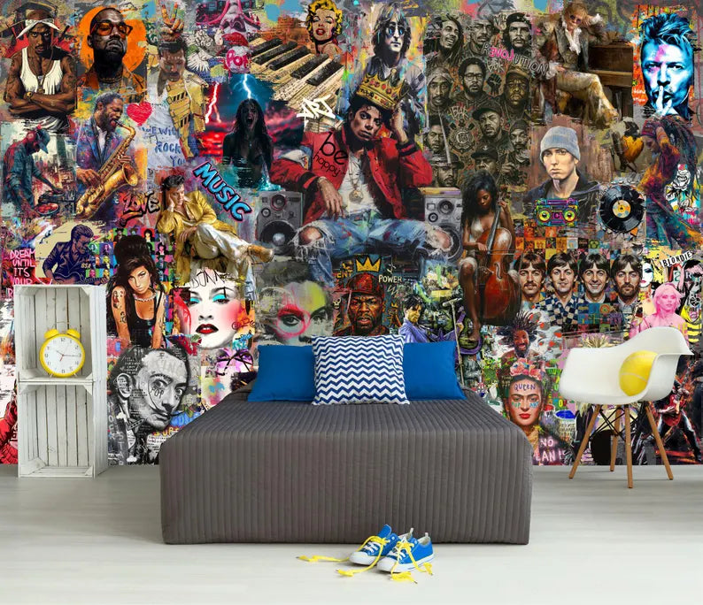 Pop Art Music Stars Graffiti Mural, Urban Wall Decor