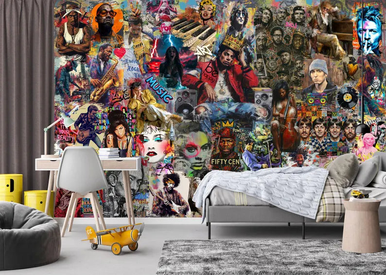 Pop Art Music Stars Graffiti Mural, Urban Wall Decor