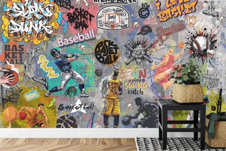 Graffiti Sports Mural – Basketball, Baseball Wallpaper