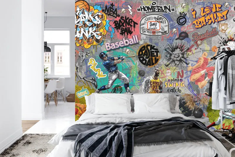 Graffiti Sports Mural – Basketball, Baseball Wallpaper