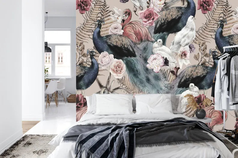 Artistic floral bird wallpaper featuring hand-painted style birds and flowering branches