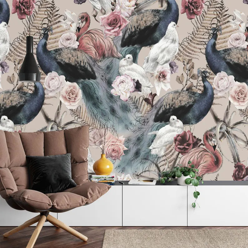 Floral bird wallpaper mural showcasing nature-inspired design with birds and botanical elements