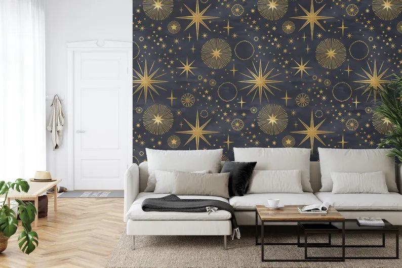 Starry Night Peel and Stick Wallpaper, Modern Celestial Mural
