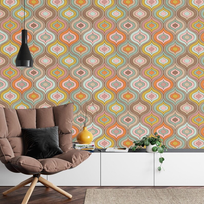 70s Geometric Wallpaper Mural - Retro Peel and Stick Wall Decal