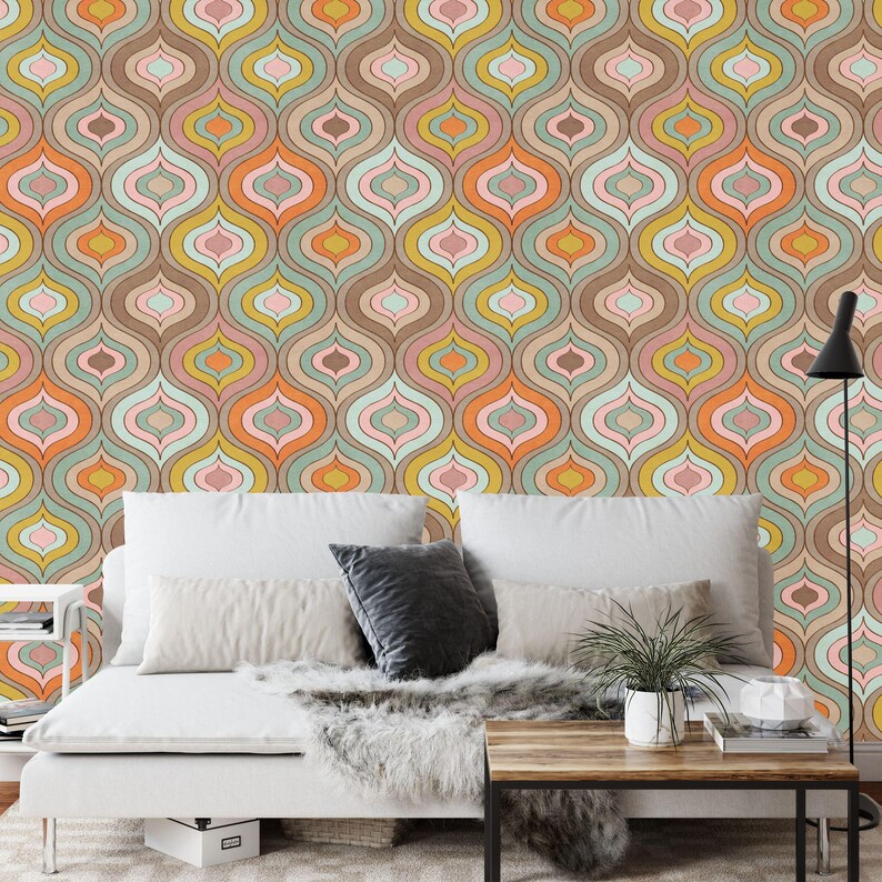 70s Geometric Wallpaper Mural - Retro Peel and Stick Wall Decal