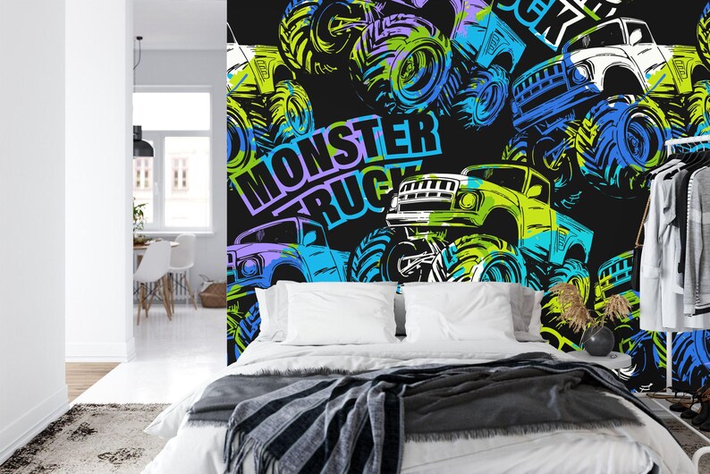 Monster Truck Watercolor Wallpaper Mural, Kids Room