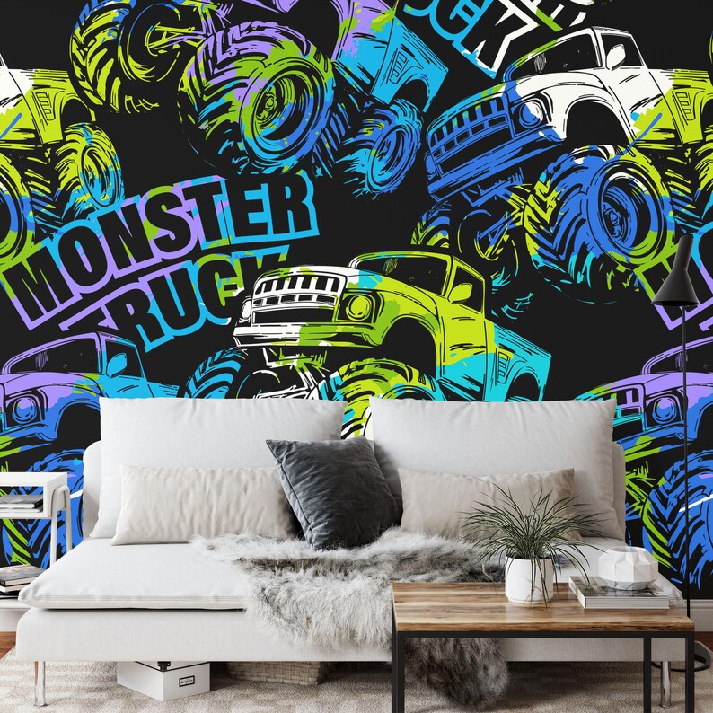 Monster Truck Watercolor Wallpaper Mural, Kids Room