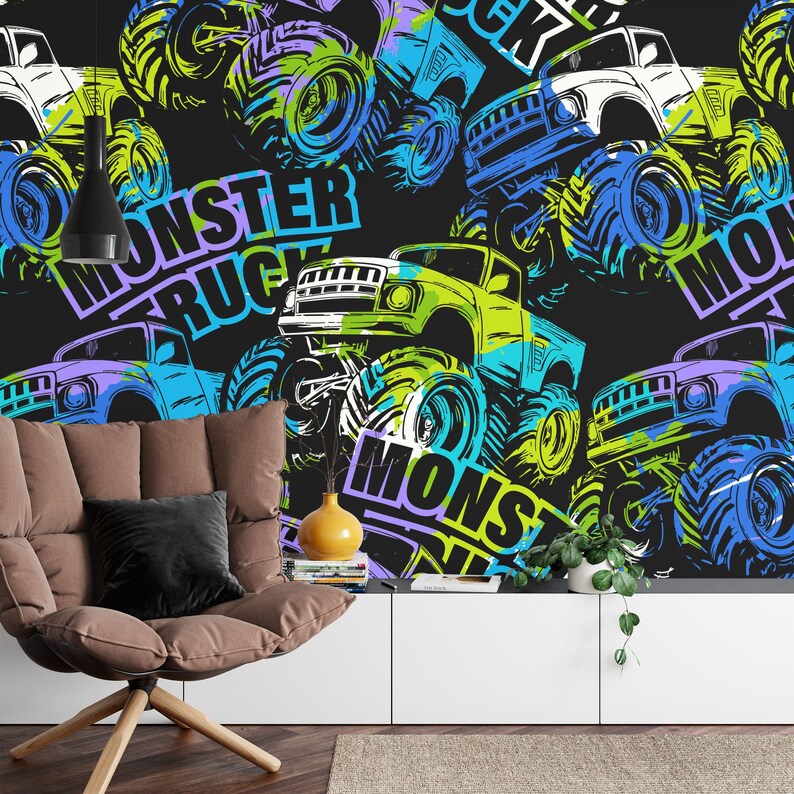 Monster Truck Watercolor Wallpaper Mural, Kids Room