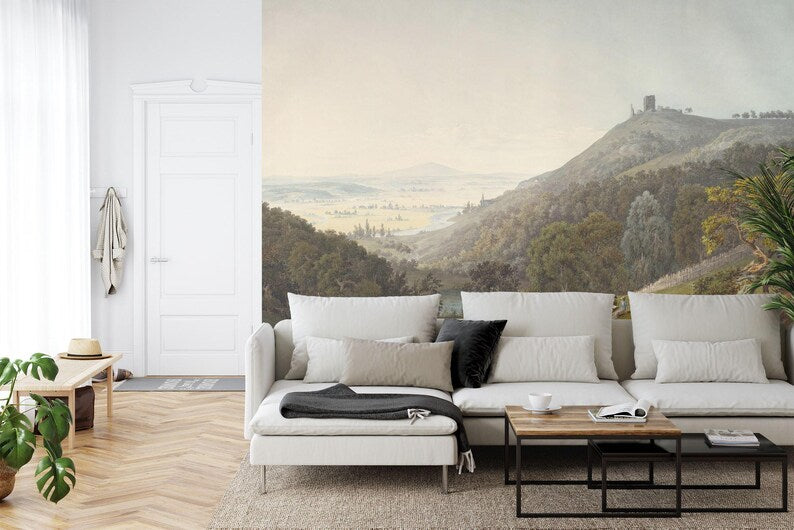 Vintage Mountain Landscape Mural, Rural Art Print