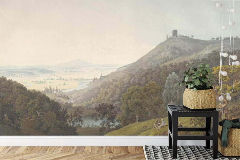 Vintage Mountain Landscape Mural, Rural Art Print