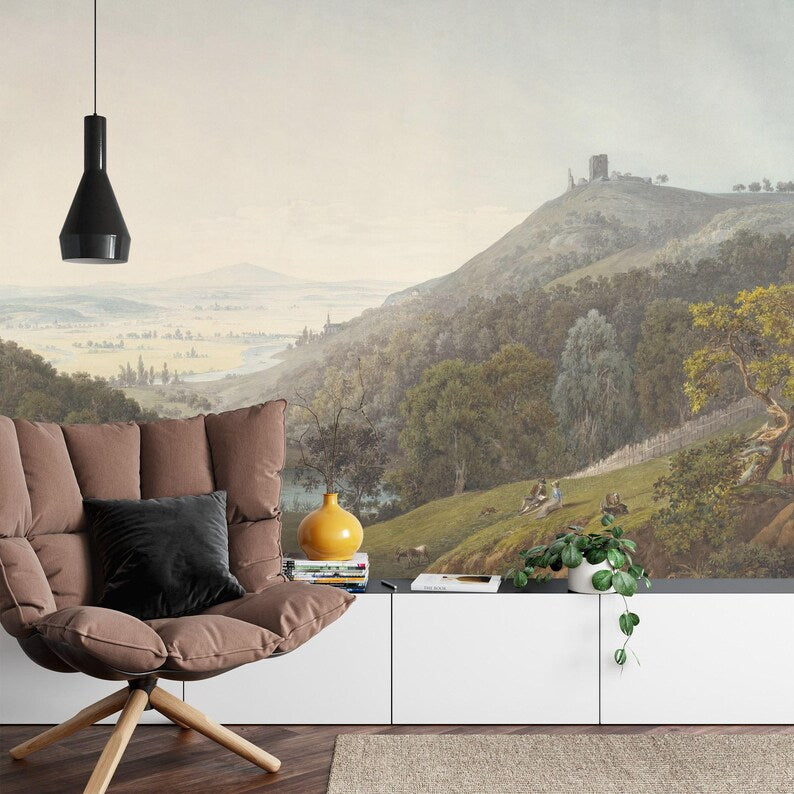 Vintage Mountain Landscape Mural, Rural Art Print