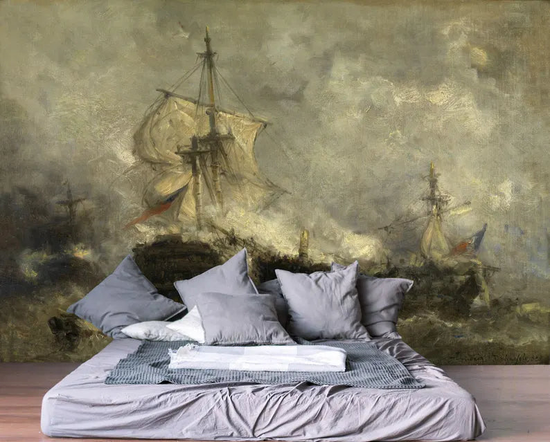 Vintage Ocean Ship Painting Wallpaper Mural