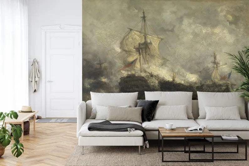 Vintage Ocean Ship Painting Wallpaper Mural