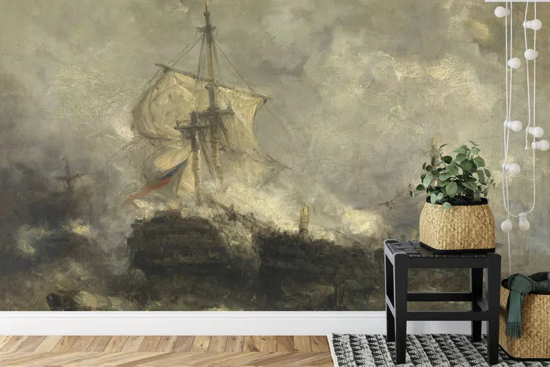 Vintage Ocean Ship Painting Wallpaper Mural