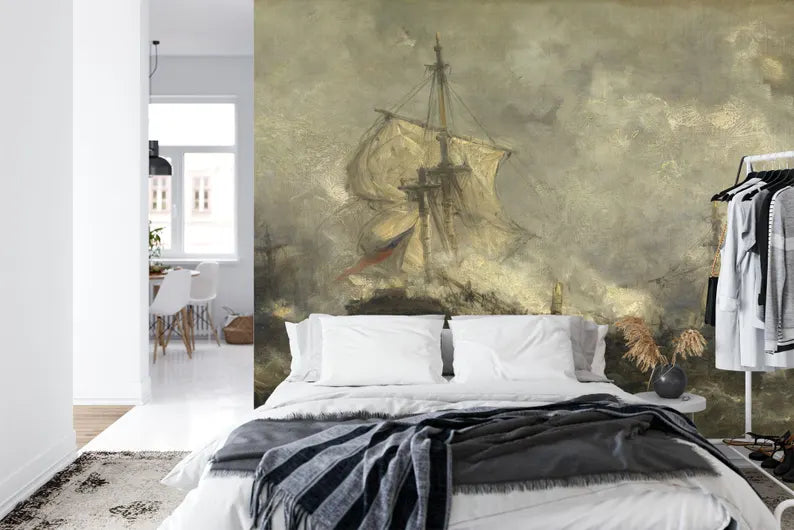 Vintage Ocean Ship Painting Wallpaper Mural