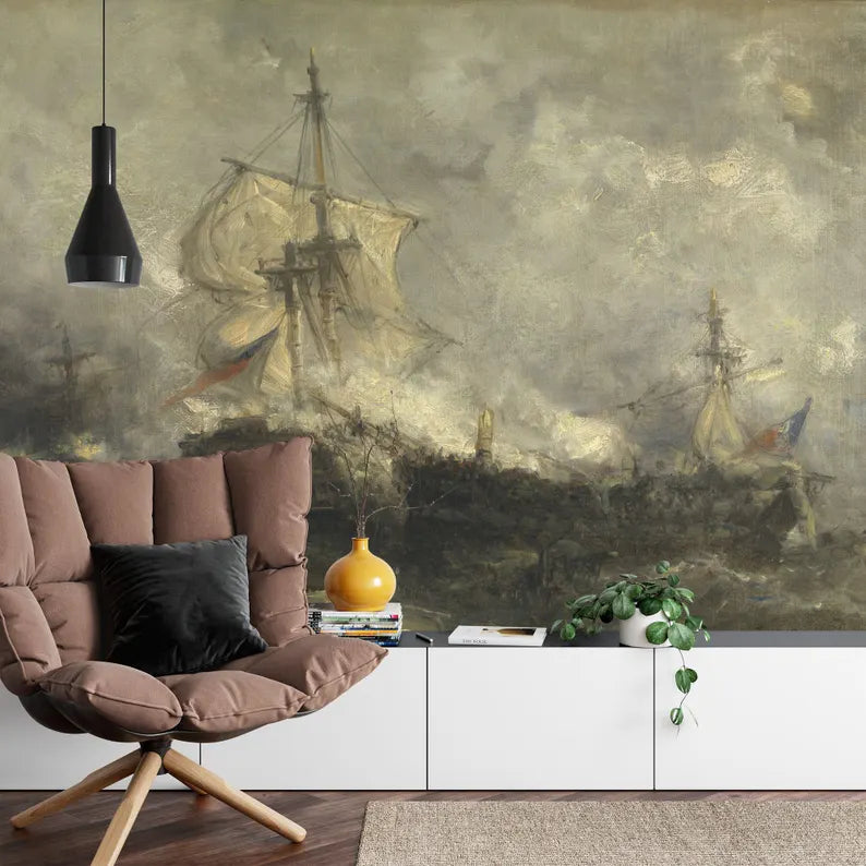 Vintage Ocean Ship Painting Wallpaper Mural